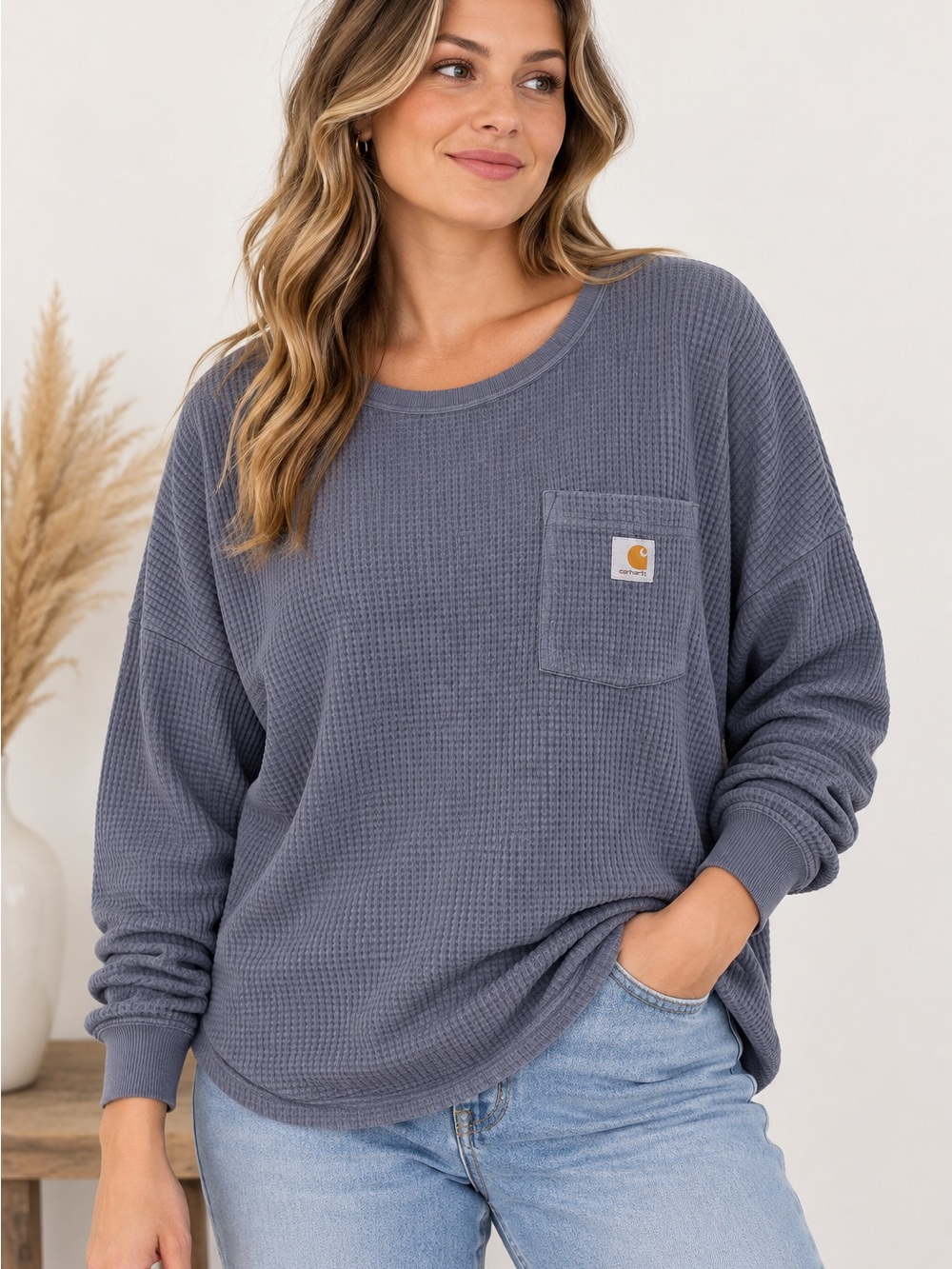 Carhartt Women's Slate Blue Waffle-Knit Pocket Crew Sweater 100% Cotton